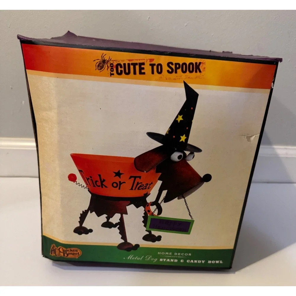 🎃 Cracker Barrel Too Cute To Spook Metal Dog Stand & Candy Bowl Halloween Decor